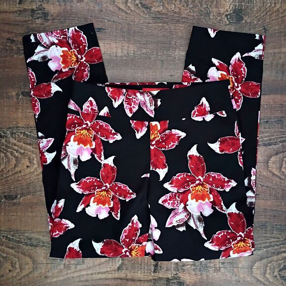 Krazy Larry Black Red Floral Pull On Ankle Pants 2 Tropical Resortwear Summer - Picture 1 of 5